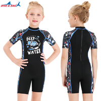 Maillots de bain une pièce pour enfants en gros, imprimés surf et plongée, pour garçons et filles, en spandex/nylon, anti-UV, séchage rapide, manches courtes