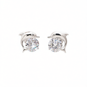 Pendientes de Delfín E1828 de Plata 925 con Ojos Blancos de Cristal, Forma de Animal, Lindos, para Uso Diario de Mujer, Engaste de Garra - Product Image 1