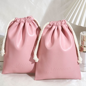 Sac à cordon en cuir PU rose personnalisé avec impression en relief pour emballage de batterie externe et téléphone portable, pochette anti-poussière en cuir imperméable - Product Image 1