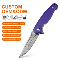 Couteau pliant tactique, couteau de poche Damas, couteau léger EDC, couteau à lame rabattable, manche en G10 violet, outil utilitaire pour le camping en plein air, DM036