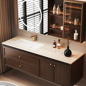 New bathroom cabinet ceramic integrated basin slate new Chinese style retro oak <b>smart</b> <b>mirror</b> cabinet - Product Image 3