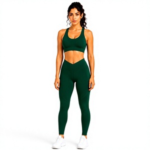 Women's <b>Green</b> Ribbed Yoga <b>Set</b> Sports Bra High Waist Leggings Two Piece Activewear Workout <b>Gym</b> Fitness Clothing - Product Image 1
