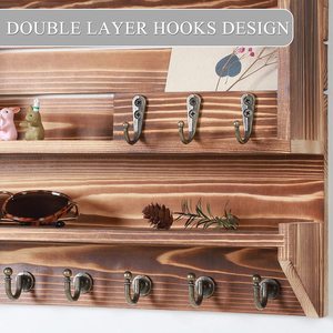 Estante de almacenamiento de madera maciza para montar en la pared, organizador de ganchos para llaves de dos capas para entrada, baño, sala de estar - Product Image 4