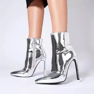 Banchetto Botas stivali da donna in pelle a specchio Plus Size punta a punta tacco a spillo stivali corti Sexy stivaletti metallici da donna 2022