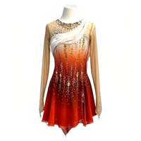 Robe de patinage artistique dégradé blanc-orange-rouge, asymétrique à une épaule, manches longues, dos ouvert avec chaîne, ornée de strass, jupe irrégulière