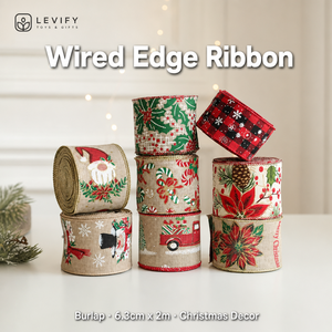 Cinta de Lino con Alambre Personalizada con Estampado de Papá Noel y Copos de Nieve, Cinta Elegante con Alambre para Árbol de Navidad - Product Image 3