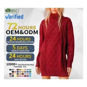 Custom sweater dress Women Clothing Fall Fashionably Red Casual Acrylic Cotton Winter Turtleneck Cable Knit Sweater Dress