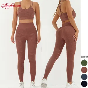 Conjunto de ioga feminino de manga comprida com nervuras sem costura elegante para elevador de bunda elegante roupa ativa