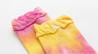 Chaussettes pour femmes à volants, style dégradé tie-dye, personnalisables OEM, style streetwear Harajuku, chaussettes en coton décontractées, logo personnalisé