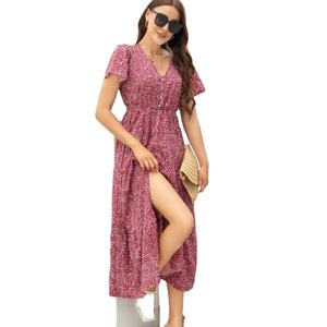 Robe d'été élégante pour femmes, jupe fendue, imprimé léopard personnalisé, col en V profond, manches courtes, décoration en dentelle, midi, écologique - Product Image 1