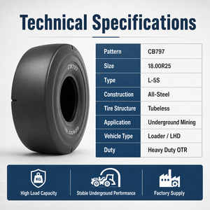 Neumático CB797 18.00R25 L-5S, Totalmente de Acero, para Minería Subterránea, Liso, Sin Cámara, OTR, de Alta Resistencia - Product Image 2