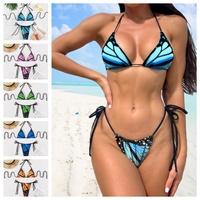 Ensemble bikini deux pièces micro mini sexy uni/imprimé, triangle, halter, maillot de bain femme, noué sur le côté, coupe haute, string, 100%