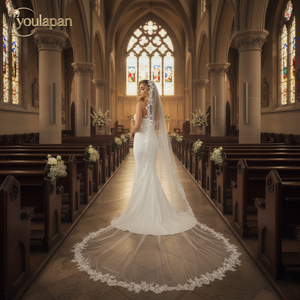 Voile de mariée YouLaPan V327 de style cathédrale luxueux, voile à traîne simple couche orné de dentelle de haute qualité, voile Mandira espagnol - Product Image 1