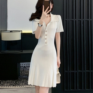 Vestido midi de punto acanalado para mujer con solapa, manga corta, detalle de botones, ajustado, con dobladillo acampanado, elegante para oficina o uso casual - Product Image 5