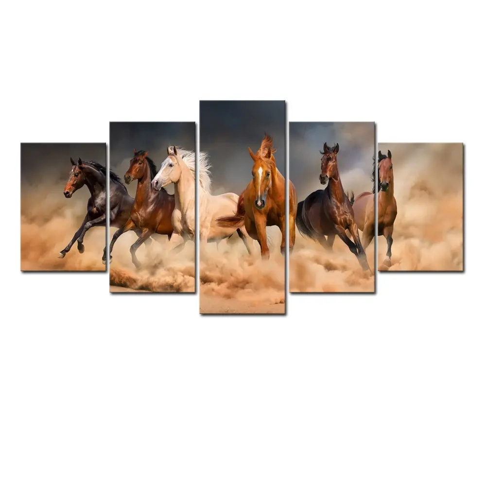 Pintura de caballos galopando para correr, impresiones en lienzo, arte de pared, Animal salvaje, impresión sobre lienzo, enmarcado para galería, 5 piezas