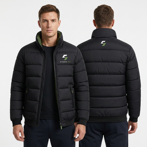 Men's Black Puffer Jacket Stand Collar Zipper Closure Windproof Casual Winter 100% Polyester Solid Color - Product Image 1