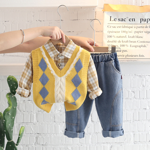 Autunno abbigliamento per bambini Set per bambini maglione all'ingrosso camicia a quadri Set <span class=keywords><strong>Jeans</strong></span> per ragazzi Set di stoffa per bambini stile britannico - Product Image 3