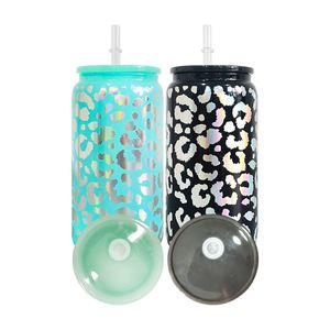 Vaso de Vidrio de 16 oz con Diseño de Leopardo Holográfico y Logotipo Personalizado, Envoltura de Vinilo, con Tapas de Plástico - Product Image 3