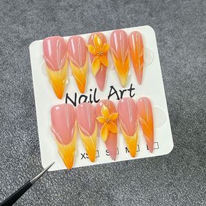 <span class=keywords><strong>Uñas</strong></span> Postizas Largas Stiletto Hechas a Mano, Degradado Naranja Atardecer, Flor Ámbar Translúcida 3D, <span class=keywords><strong>Uñas</strong></span> de Gelatina Elegantes de Verano al por Mayor - Product Image 4