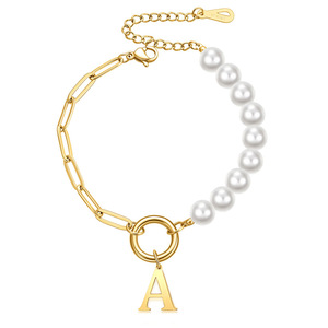 Bracelet en perles d'imitation avec pendentif lettre A, chaîne en or, bijoux pour femmes, cadeau - Product Image 1