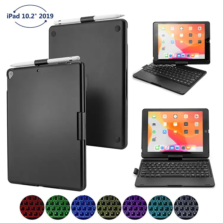 Casing Folio Cerdas Keyboard Nirkabel 360 Derajat, Casing Keyboard Cerdas Folio BT Dapat Diputar untuk iPad 10.2 2019 dengan Slot Stylus