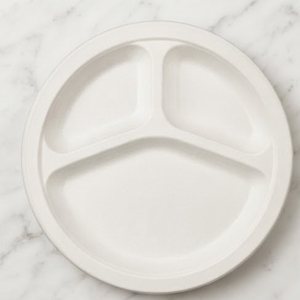 Assiettes de dîner jetables écologiques compostables en bagasse de canne à sucre à trois compartiments de 10 pouces pour les fêtes et la restauration - Product Image 3