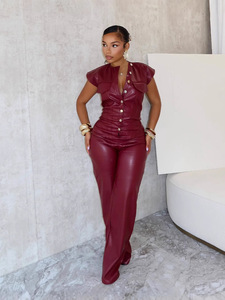 Nuova <span class=keywords><strong>Tuta</strong></span> da Donna alla Moda Transfrontaliera in PU, con Scollo <span class=keywords><strong>a</strong></span> V, Vestibilità Slim, <span class=keywords><strong>Pantaloni</strong></span> <span class=keywords><strong>a</strong></span> Gamba Larga, Senza Maniche, Stile Giacca in <span class=keywords><strong>Pelle</strong></span> - Product Image 1