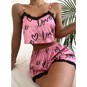 Vêtements de nuit en dentelle pour femmes, Sexy, imprimé cœur, en Satin, haut, vêtements de loisirs, Lingerie, short, ensembles de pyjama deux pièces