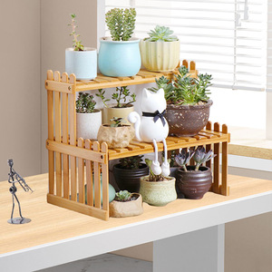 Miniature Bamboo Desktop Flower Stand 2 Tier Wooden <b>Plant</b> Rack For Desk Windowsill Storage Organizer - Product Image 1