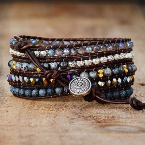 Bracelet vintage en corde de cuir de vachette perlé, agate noire, tissé à la main, 5 brins, bijou unisexe, cadeau - Product Image 3
