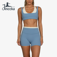 Ensembles de yoga respirants personnalisables avec logo, débardeur à encolure en V, shorts double couche color block pour femmes, vêtements de sport