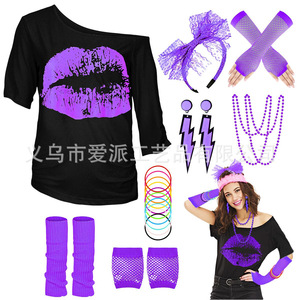 Ensemble de costumes rétro des années 1980, T-shirt imprimé lèvres, accessoires roses, vêtements de fête pour femmes - Product Image 3