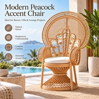Fauteuil Paon en Rotin Naturel Tressé à la Main avec Coussin pour Salon, Hôtel, Resort