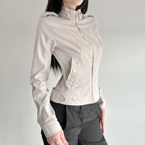 Utility Stand Collar Zip <b>Jacket</b> Pocket Detail Solid Color Slim Fit Casual Outerwear <b>Women</b> - Product Image 3