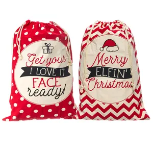 Bolsa de lona de gran capacidad para niños, saco de Papá Noel personalizado a rayas, punto rojo, regalo, bolsa de Santa con cordón, almacenamiento de regalo, venta al por mayor