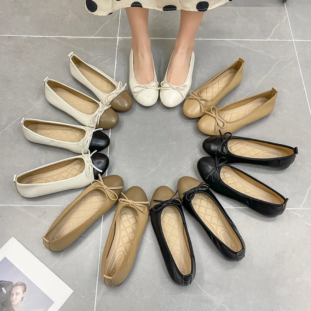 Nieuwe Aankomst Dame Comfort Zachte Ballerina Platte Schoenen Ronde Hoofdkleur Bijpassende Boog Pu Opvouwbare Platte Schoenen