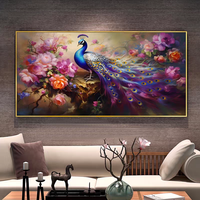 Peinture murale LED décorative pour salon, motif paon bleu moderne en porcelaine cristalline, vente en gros sur mesure