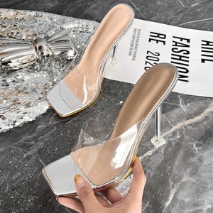 Mules transparentes de PVC con tacón alto, acrílico plateado, para fiesta, tacones de mujer, pantuflas. - Product Image 5