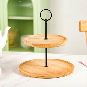 Support à gâteau en bois à 2 niveaux, forme ronde, présentoir à desserts réutilisable - Product Image 1