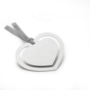 Custom Engraveable Logo Heart Shape Book Mark With Silver Ribbon Stainless Steel Bookmarks for Promotional Gift