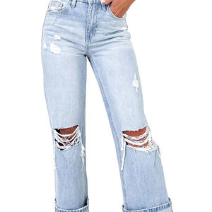 2025 Jeans de mezclilla informales para mujer Estilo recto azul claro con corte transpirable Moda lavable y logotipo en la cintura - Product Image 1