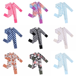Pijamas de Bebê Personalizados em Bambu com Zíper Duplo, Listrados e Xadrez Multicoloridos, Design Grátis, Amostra Grátis, Serviço Completo de Loja de Produtos para Bebês, Atacado - Product Image 1