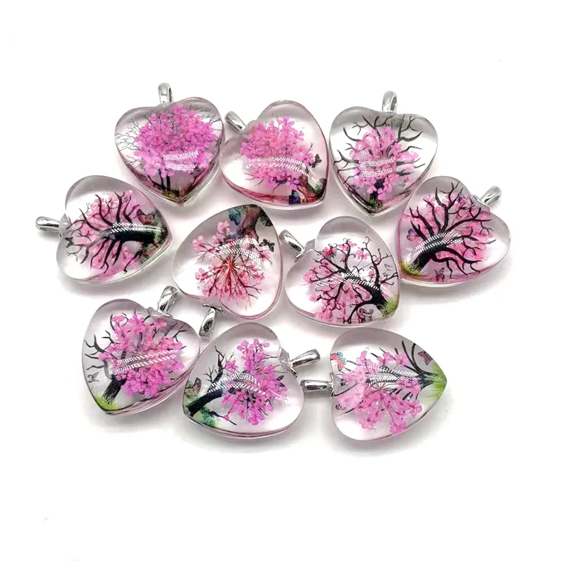 Wholesale Glass Heart Shape Pendants Dry Flower Jewelry Necklace Charm Life Tree Key Chain Bag Lamp work Gift 25 mm