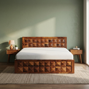 Modern Solid Wood Platform <b>Bed</b> <b>Frame</b> with Geometric Carved Headboard and Storage Cubes Bedroom Furniture - Product Image 2