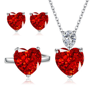 Fashion 12*12mm Heart Cut Red Cubic Zirconia Necklace Set Copper <b>Ice</b> Out High Carbon Diamond Jewelry 3 Piece Sets For Women - Product Image 1