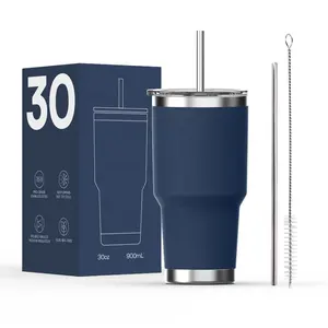 Gelas Bir 30 Oz, Gelas Kopi Perjalanan Tanpa Tangkai dengan Tutup, Tumbler Stainless Steel Terisolasi