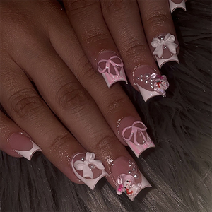 Faux ongles imprimés léopard français 3D avec pointes en diamant, dégradé, perles et strass pour manucure - Product Image 3