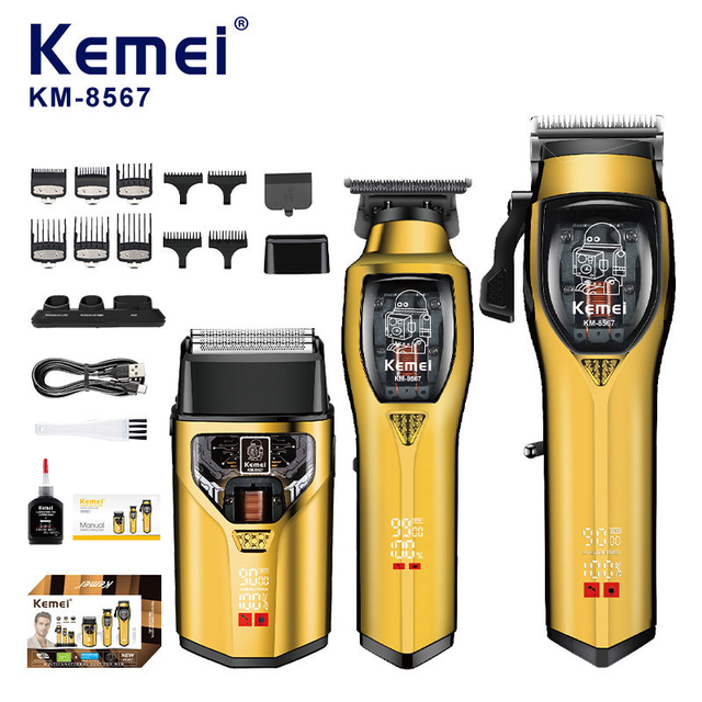 Kemei KM-8567 9000RPM Hi-Speed Cordless Profession Adjust Hair Clipper 2000mAh DLC Blade 3in1 Male Beard Shaver Kit Dock Charge