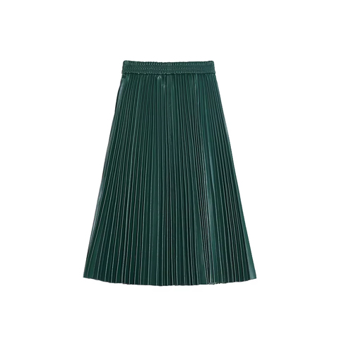 0306 Vintage Elegant Pleated Skirt Versatile Long Skirt Leather Sheepskin Skirt for Women