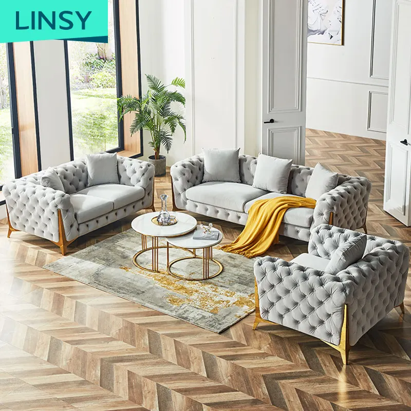 Linsy التصميم الحديث تشيسترفيلد طقم أريكة 1 2 3 مقاعد أثاث غرفة المعيشة قطيفة عالية الجودة أريكة الاقسام الأريكة S1015